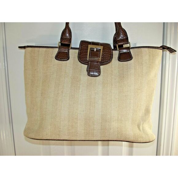 MERONA Womens LAPTOP BAG Large PURSE - Natural Woven w/Leaher Trim HANDBAG - Picture 2 of 8